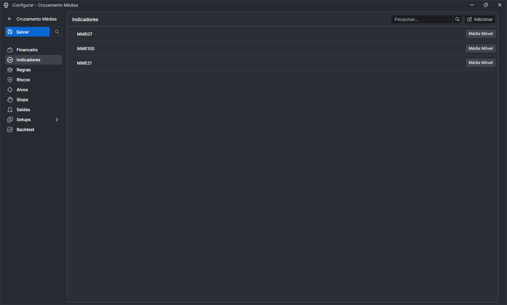 Tela de indicadores, com as médias criadas