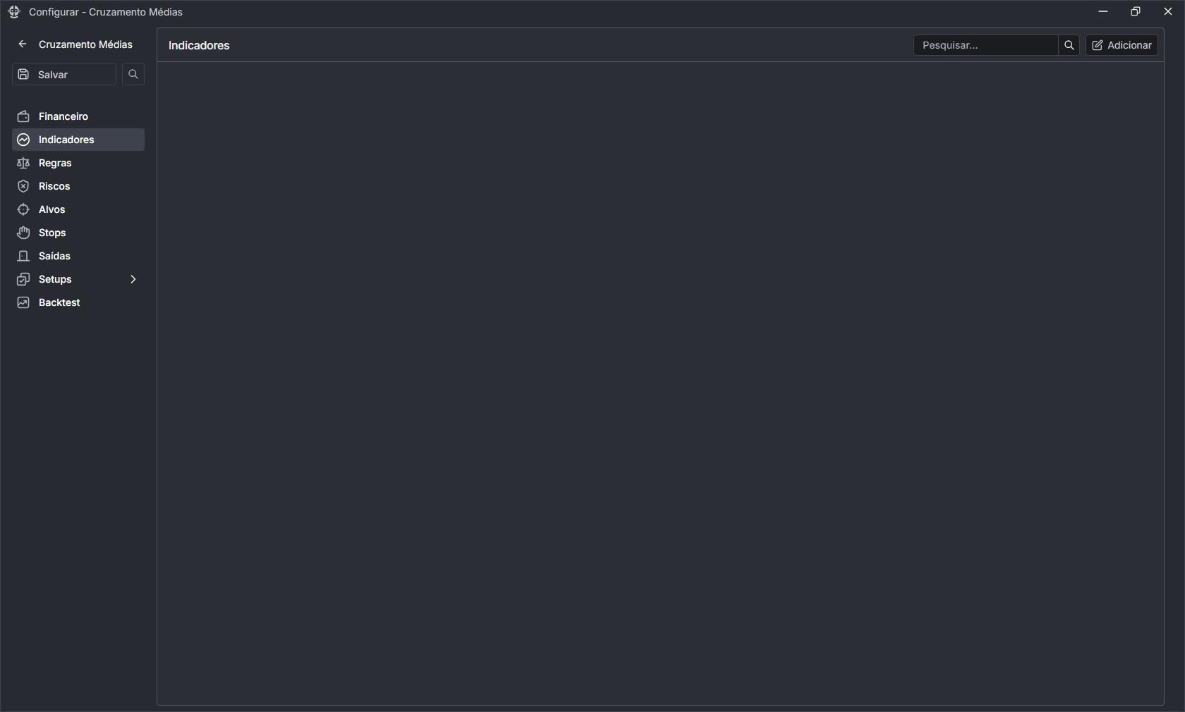 Tela de indicadores, sem nada preenchido