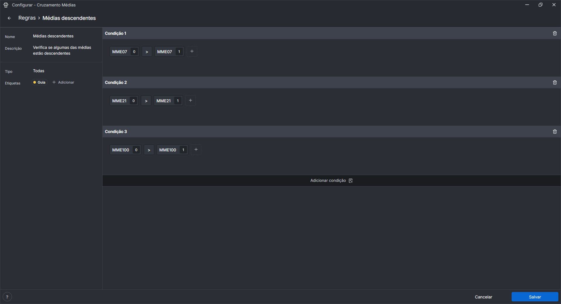 Tela de setups, com dois setups criados