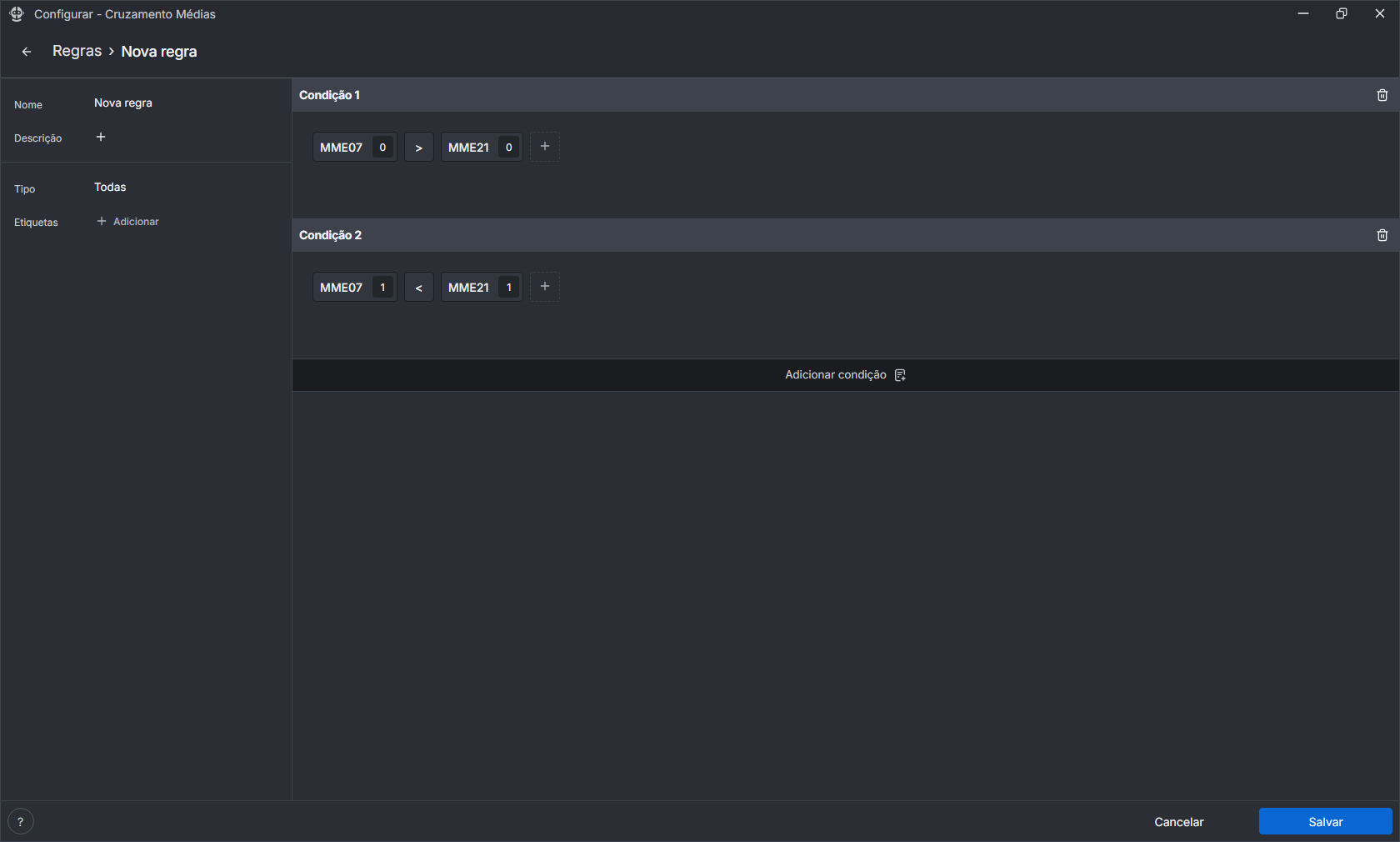 Tela de nova regra, menu de nome