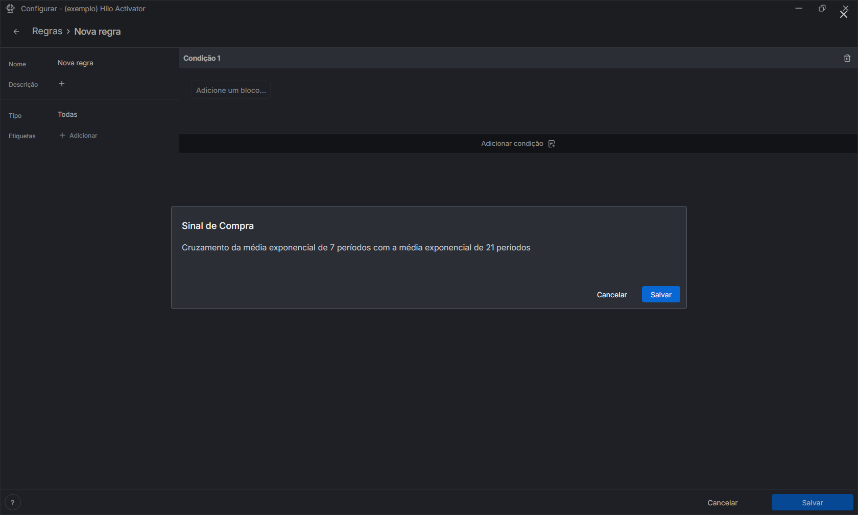 Tela de nova regra, menu de nome e descrição