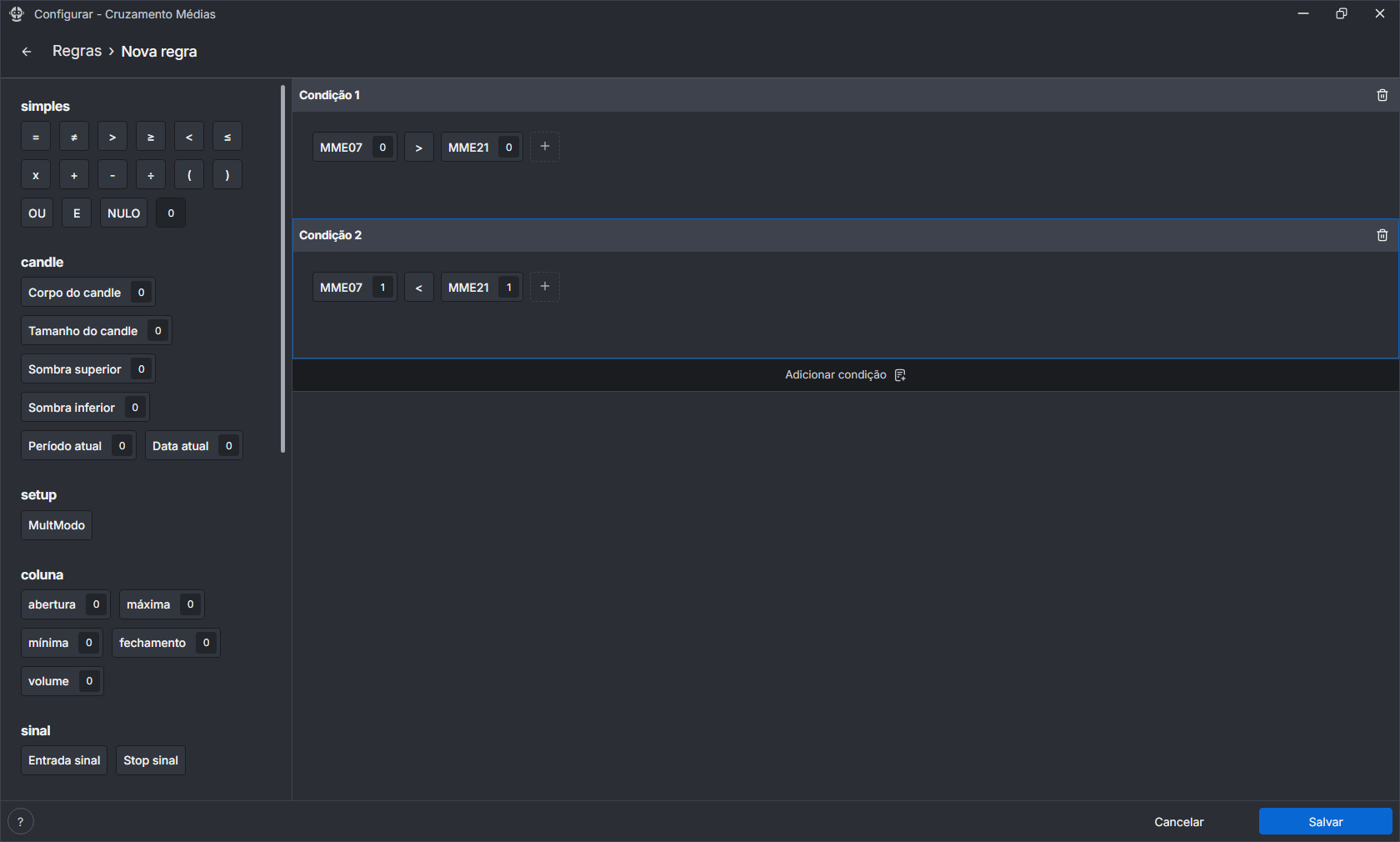 Tela de nova regra, com duas condições preenchidas