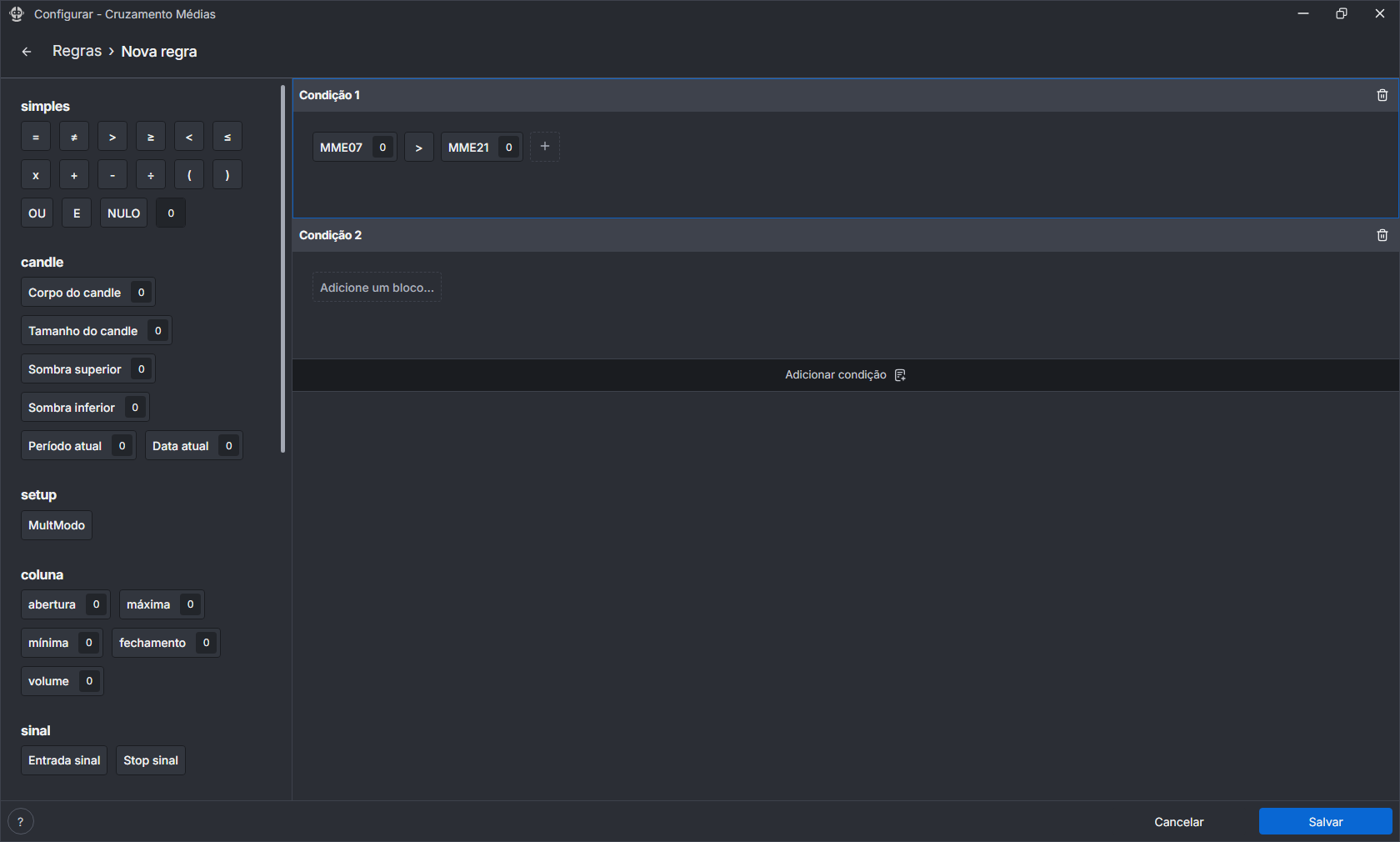 Tela de nova regra, com uma condição preenchida