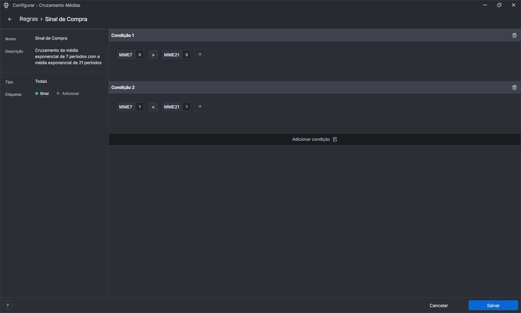 Tela de nova regra, com duas condições de venda preenchidas