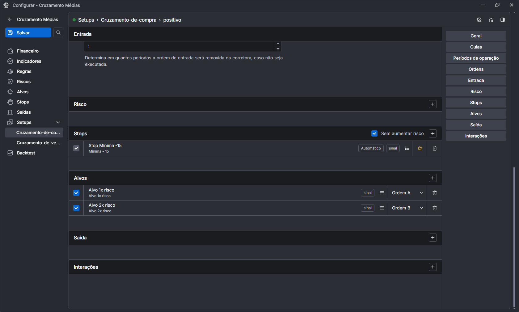 Tela de setups, com dois setups criados