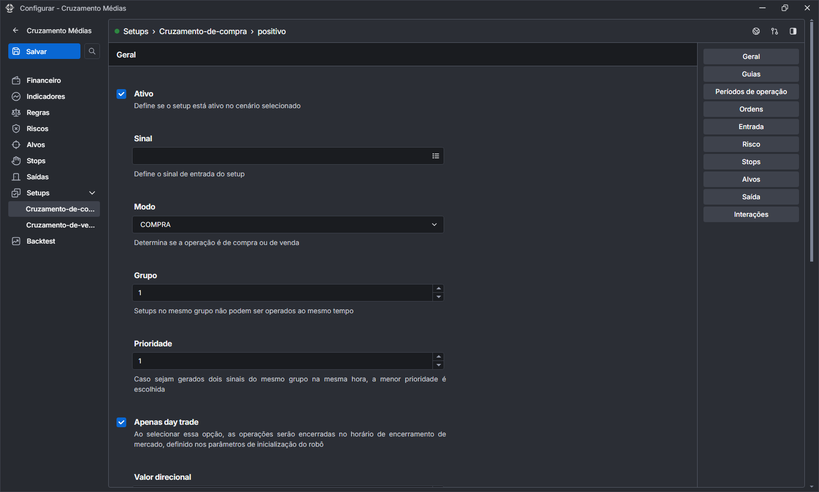 Tela de setups, com dois setups criados